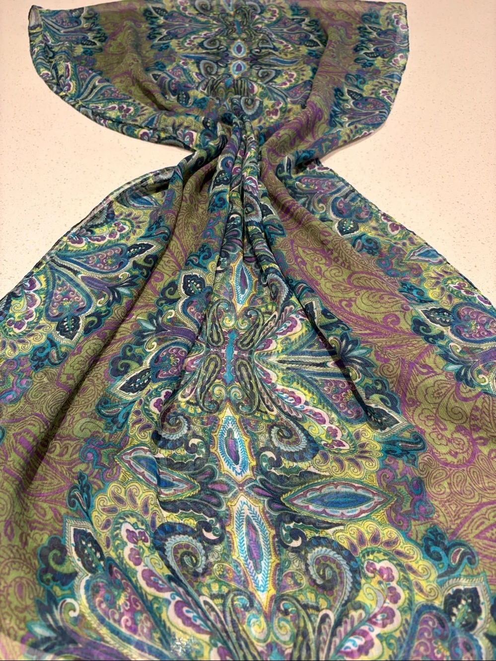 Vintage Paisley Silk Scarf in Green Blue, purple and teal